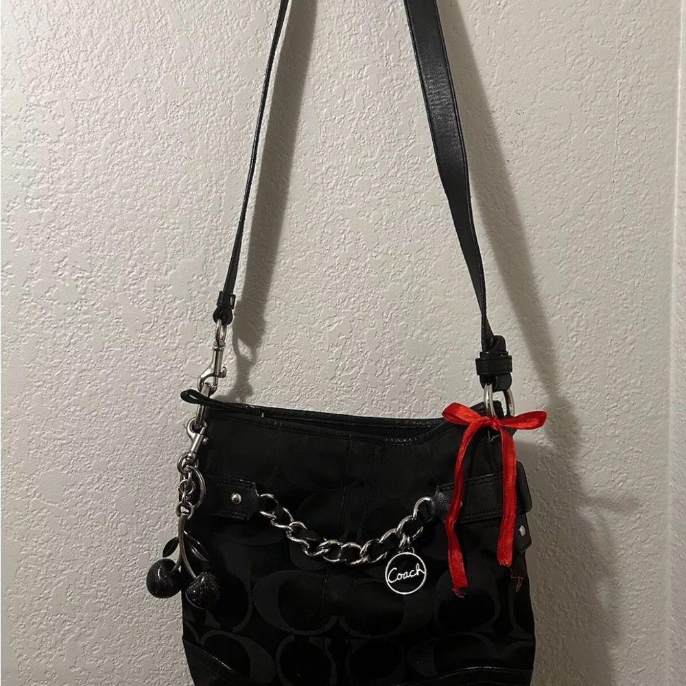 Coach Black Shoulder Bag with Red Bow and keychain